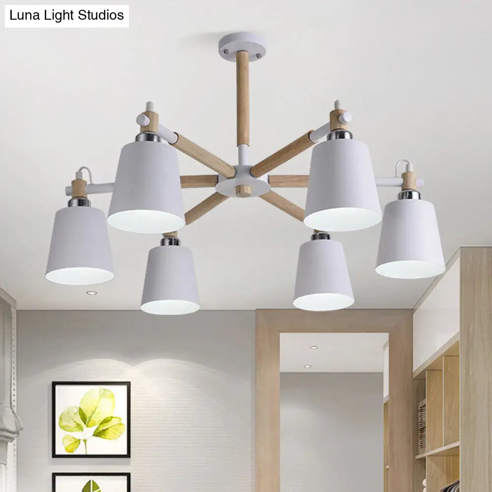 Nordic Metal Cone Chandelier Light With Wooden Arm - 6-Bulb Black/White Suspension Lamp White