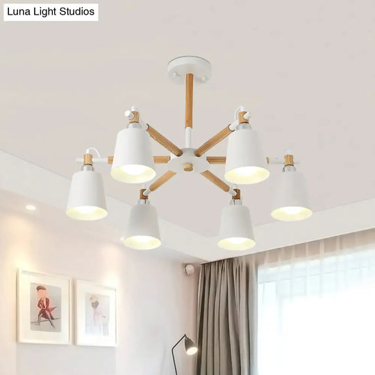 Nordic Metal Chandelier Light With 6 Bulbs & Wooden Arm - Black/White Suspension Lamp For Living