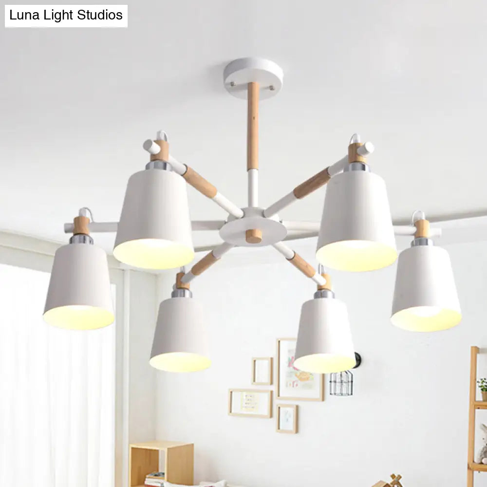 Nordic Metal Chandelier Light With 6 Bulbs & Wooden Arm - Black/White Suspension Lamp For Living