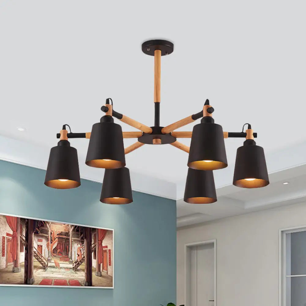 Nordic Metal Chandelier Light With 6 Bulbs & Wooden Arm - Black/White Suspension Lamp For Living