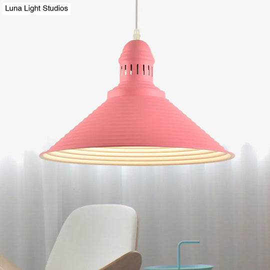 Nordic Metal Hanging Pendant Light - Cone Shade With Ruffle Design In White/Pink Pink