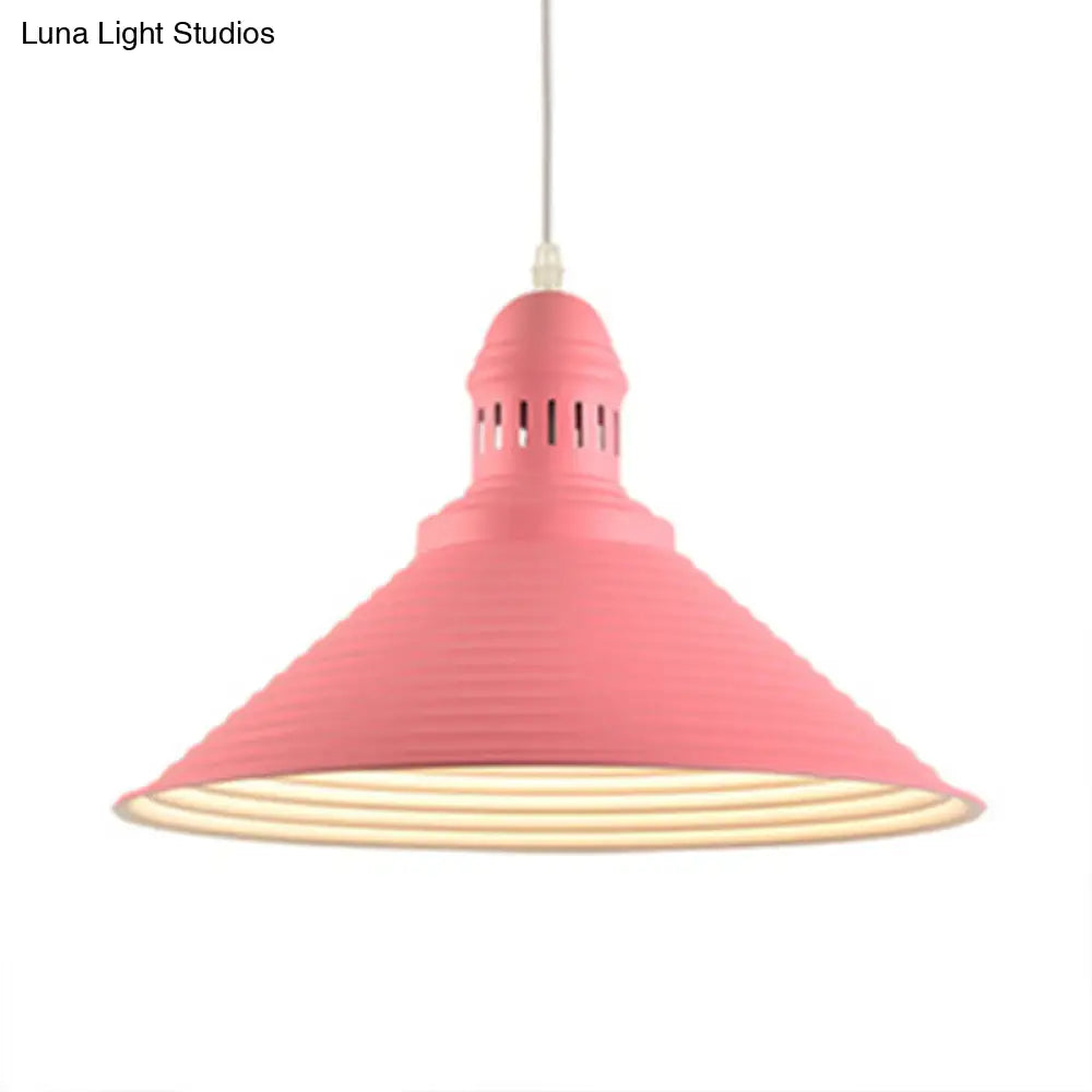 Nordic Metal Hanging Pendant Light - Cone Shade With Ruffle Design In White/Pink