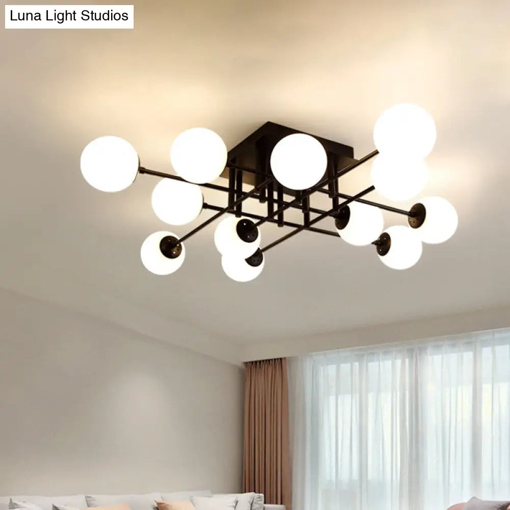 Nordic Metal Crossed Lines Semi Flush Ceiling Light - Black Mount With Glass Shade 3/8/12 Heads