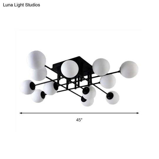 Nordic Metal Crossed Lines Semi Flush Ceiling Light - Black Mount With Glass Shade 3/8/12 Heads