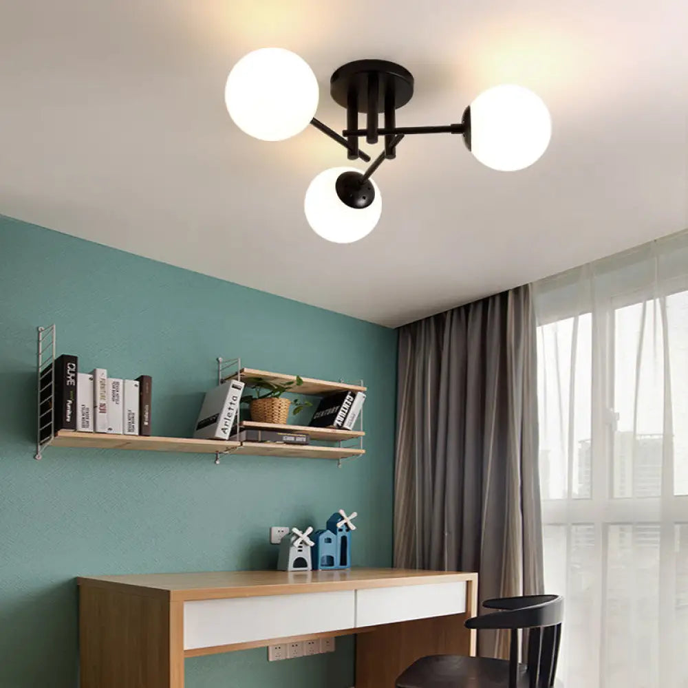 Nordic Metal Crossed Lines Semi Flush Ceiling Light - Black Mount With Glass Shade 3/8/12 Heads