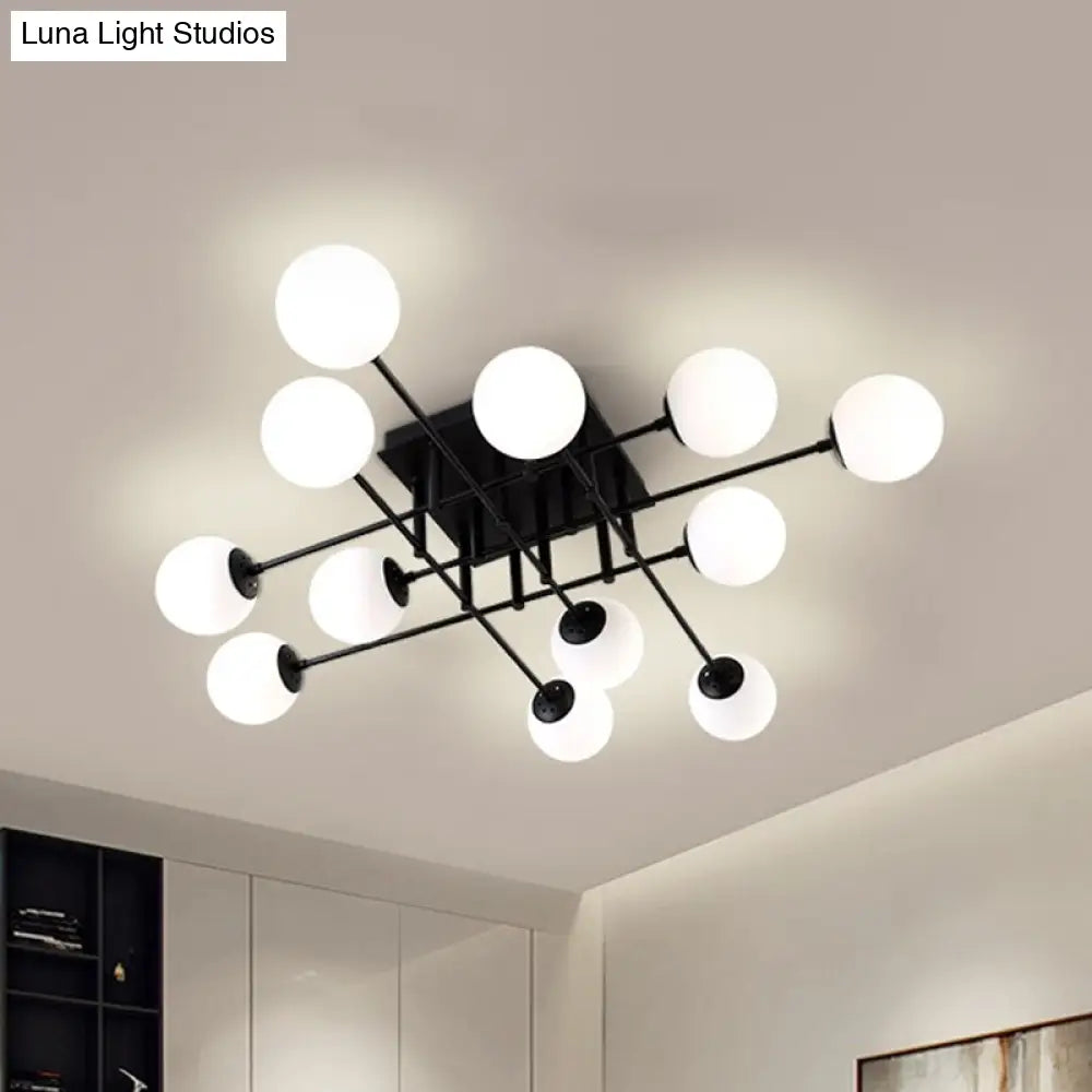 Nordic Metal Crossed Lines Semi Flush Ceiling Light - Black Mount With Glass Shade 3/8/12 Heads