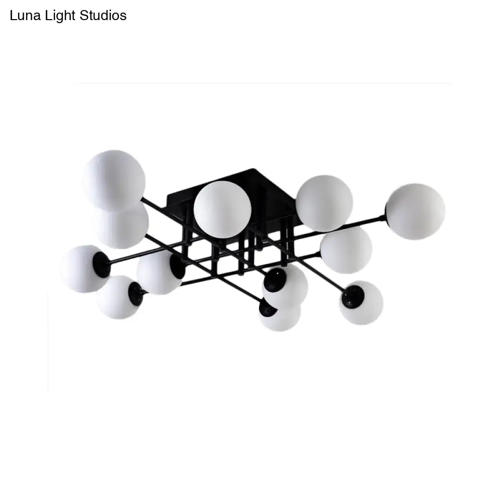 Nordic Metal Crossed Lines Semi Flush Ceiling Light - Black Mount With Glass Shade 3/8/12 Heads