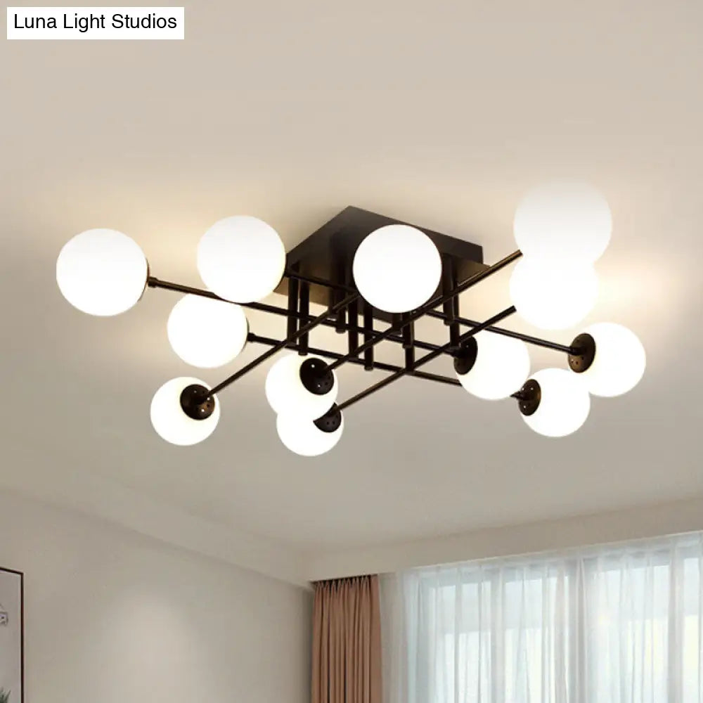 Nordic Metal Crossed Lines Semi Flush Ceiling Light - Black Mount With Glass Shade 3/8/12 Heads