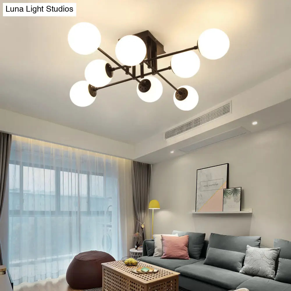 Nordic Metal Crossed Lines Semi Flush Ceiling Light - Black Mount With Glass Shade 3/8/12 Heads