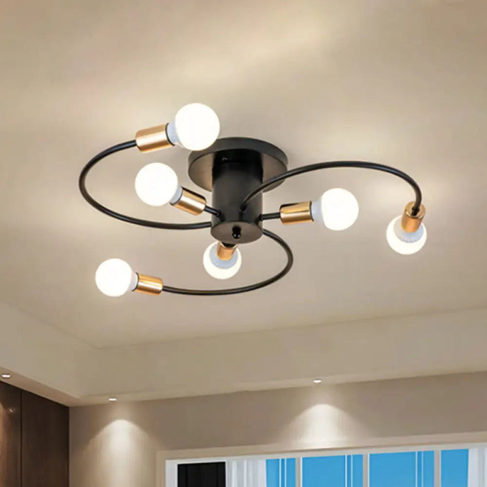 Nordic Metal Gold/Black Swirl Semi Flush Mount Ceiling Light - 6 Lights For Living Room Black