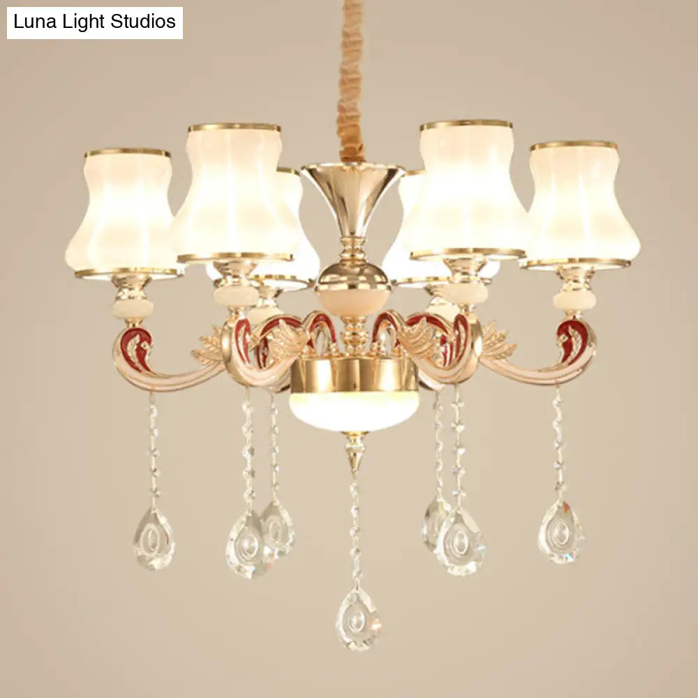 Nordic Metal Hanging Pendant Light With Scrolled Arm And Flared Glass Shade In Gold - Ideal For