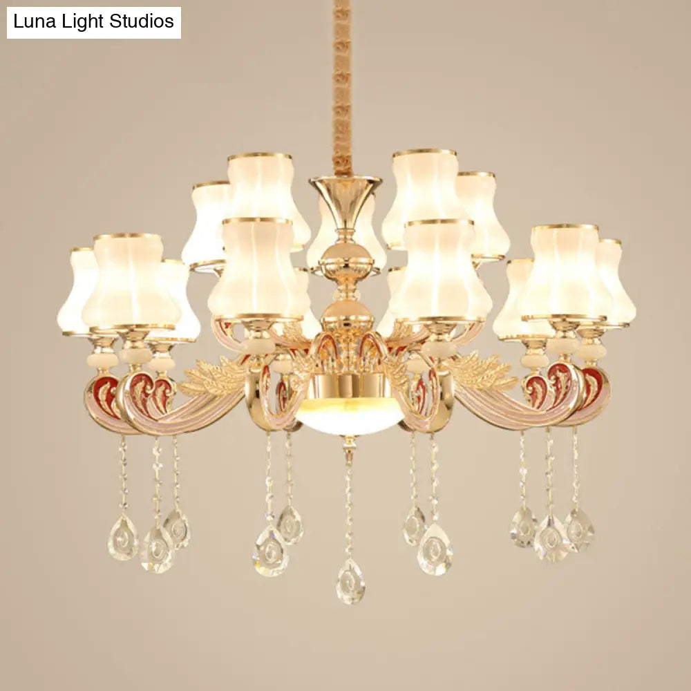 Nordic Metal Hanging Pendant Light With Scrolled Arm And Flared Glass Shade In Gold - Ideal For