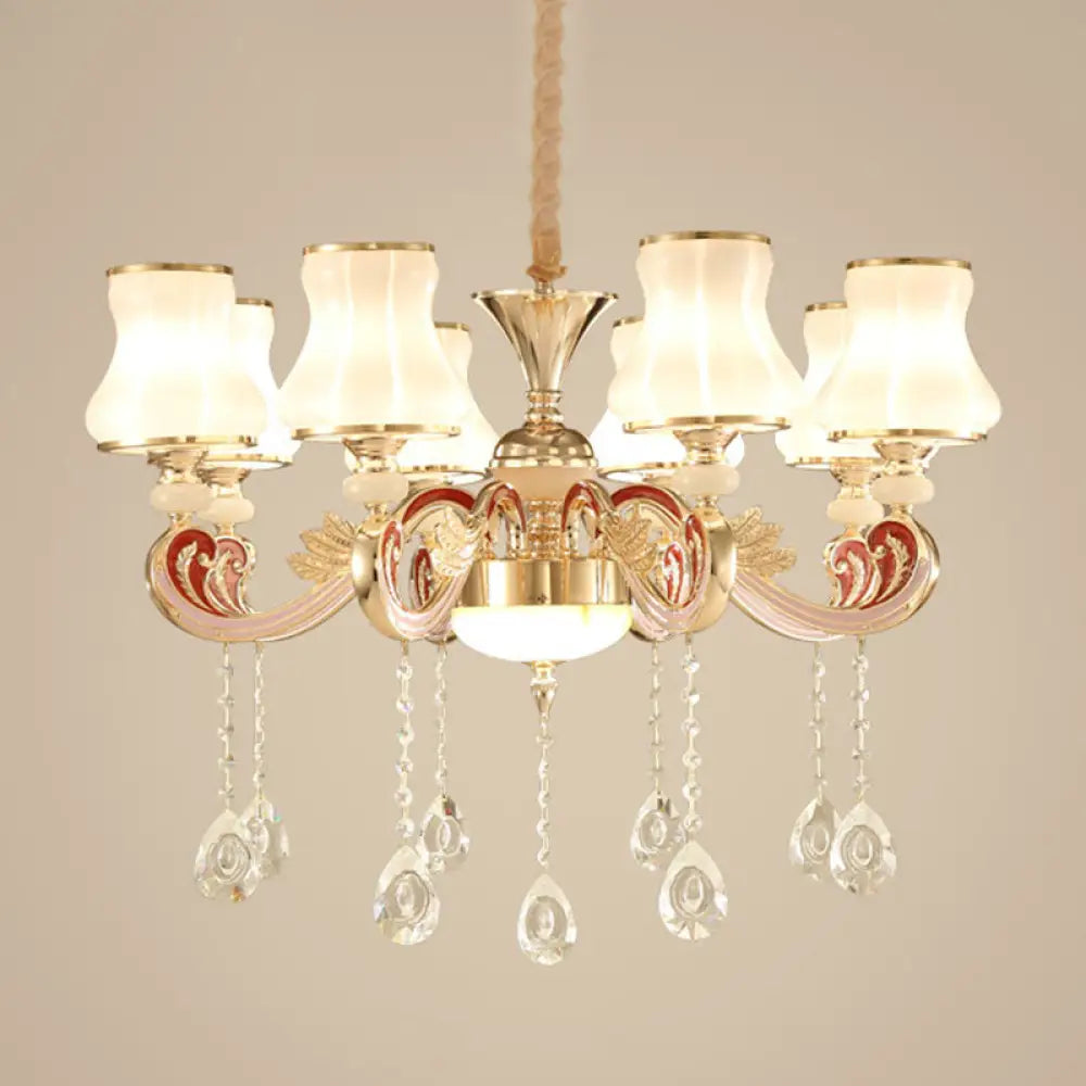 Nordic Metal Hanging Pendant Light With Scrolled Arm And Flared Glass Shade In Gold - Ideal For