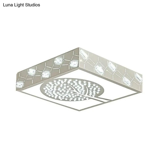 Nordic Metal Led Bedroom Ceiling Lamp - Square Box Flush Mount With Crystal Bead & Tree Pattern