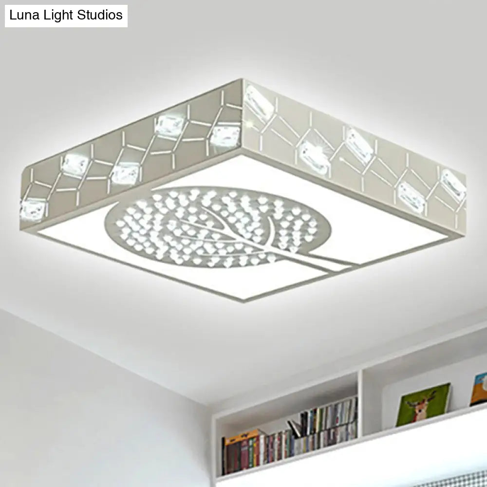 Nordic Metal Led Bedroom Ceiling Lamp - Square Box Flush Mount With Crystal Bead & Tree Pattern