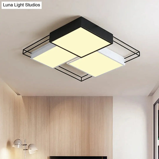 Nordic Metal Led Ceiling Lamp In Black And White - Square Flush Design 18/21.5 Width