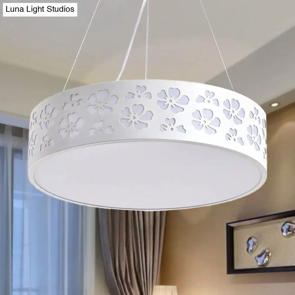 Nordic Metal Led Drum Hanging Light - White Ceiling With Etched Flower 12’/15’/19’ Wide