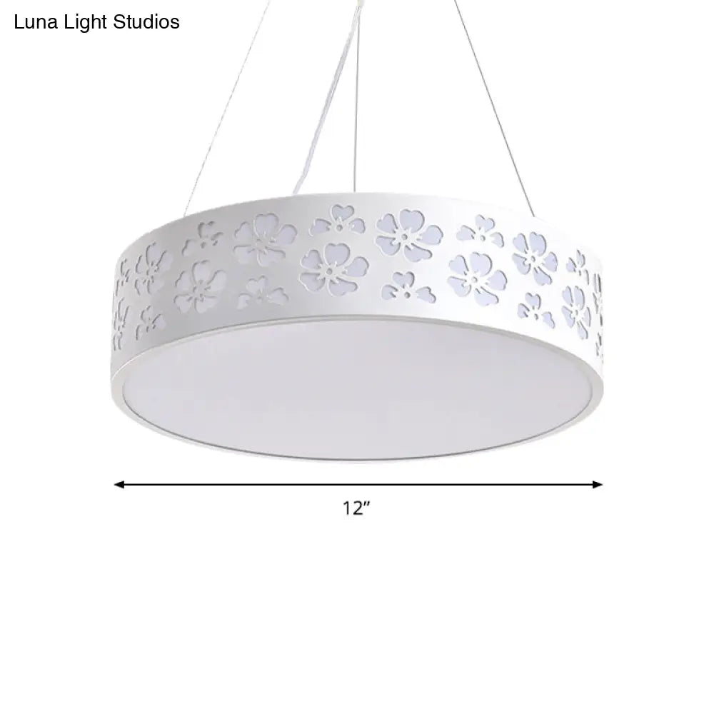 Noemi - Nordic Drum Hanging Light Metal Led White Ceiling With Etched Flower In White/Warm/Natural