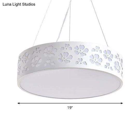 Noemi - Nordic Drum Hanging Light Metal Led White Ceiling With Etched Flower In White/Warm/Natural