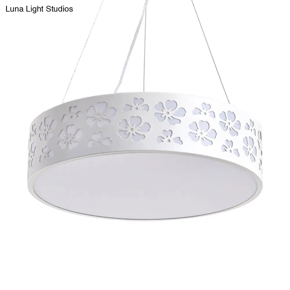 Nordic Metal Led Drum Hanging Light - White Ceiling With Etched Flower 12’/15’/19’ Wide