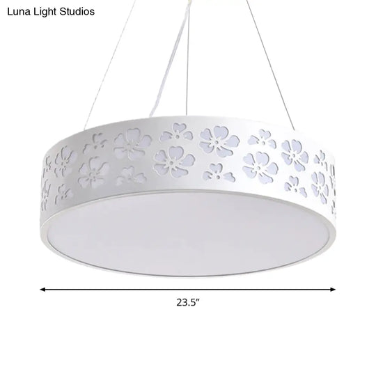 Nordic Metal Led Drum Hanging Light - White Ceiling With Etched Flower 12’/15’/19’ Wide