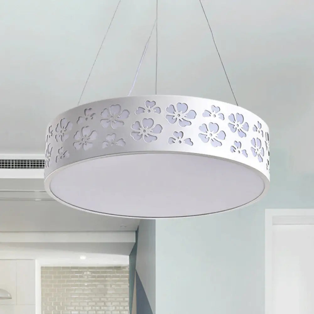 Nordic Metal Led Drum Hanging Light - White Ceiling With Etched Flower 12’/15’/19’ Wide