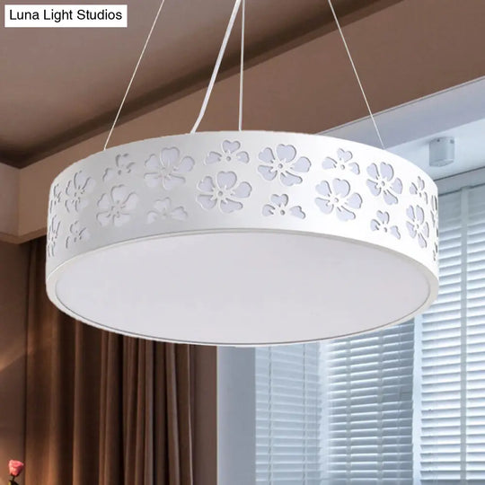 Noemi - Nordic Drum Hanging Light Metal Led White Ceiling With Etched Flower In White/Warm/Natural