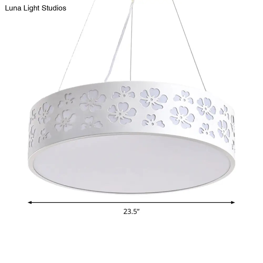 Noemi - Nordic Drum Hanging Light Metal Led White Ceiling With Etched Flower In White/Warm/Natural