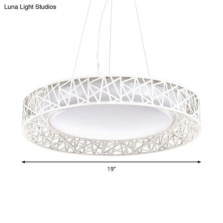 Nordic Metal Led Drum Pendant Light With Hollow Design 12’/15’/19’ Wide In White/Warm/Natural