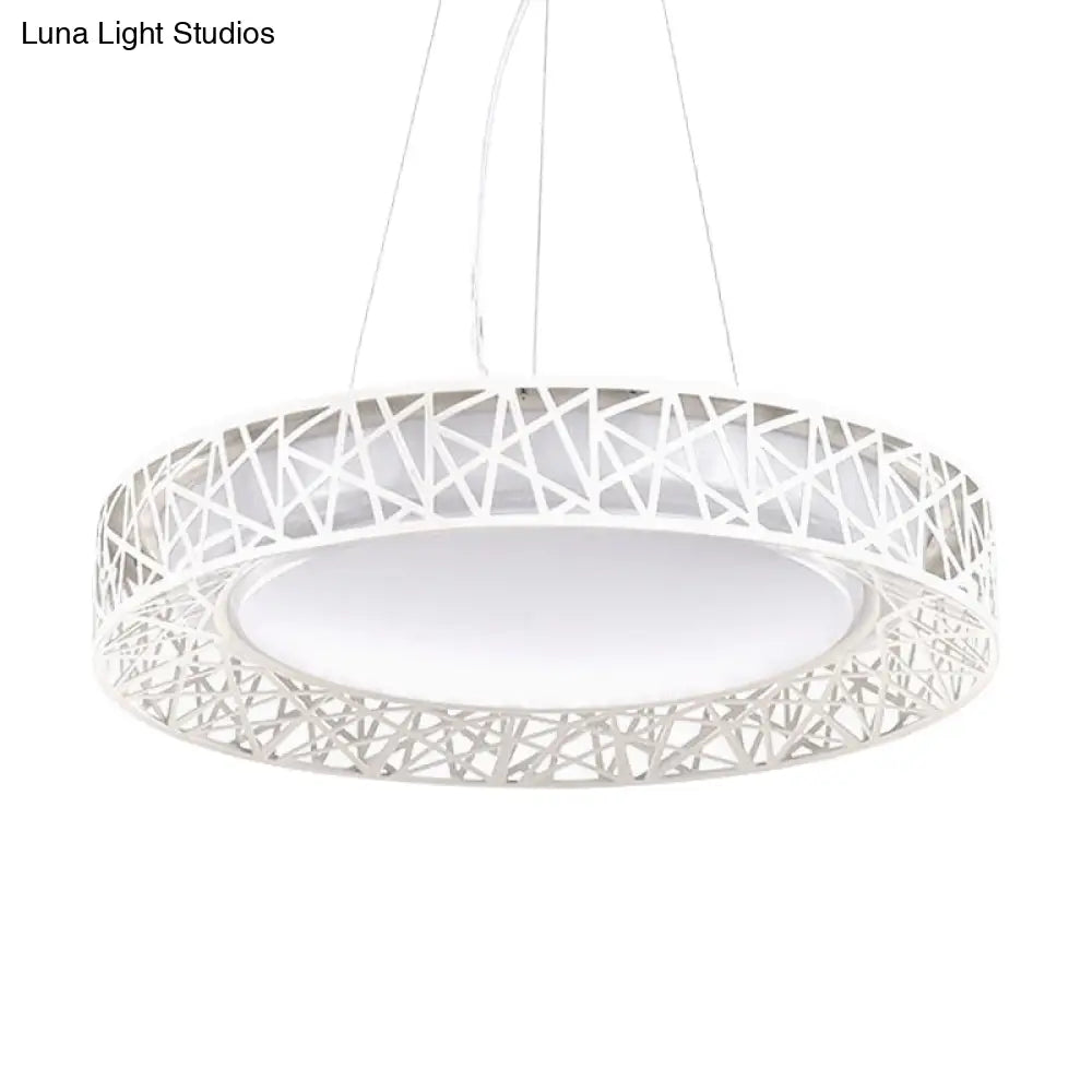 Nordic Metal Led Drum Pendant Light With Hollow Design 12’/15’/19’ Wide In White/Warm/Natural