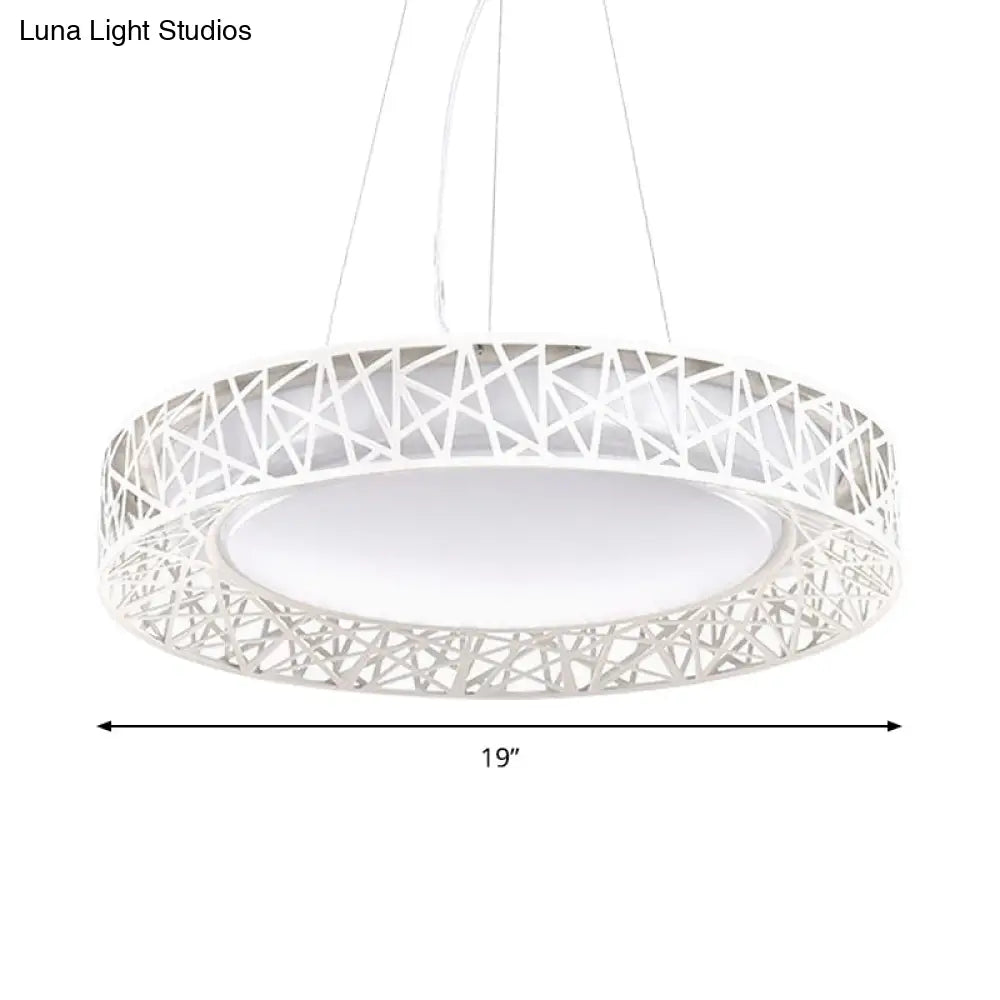 Nordic Metal Led Drum Pendant Light With Hollow Design 12’/15’/19’ Wide In White/Warm/Natural