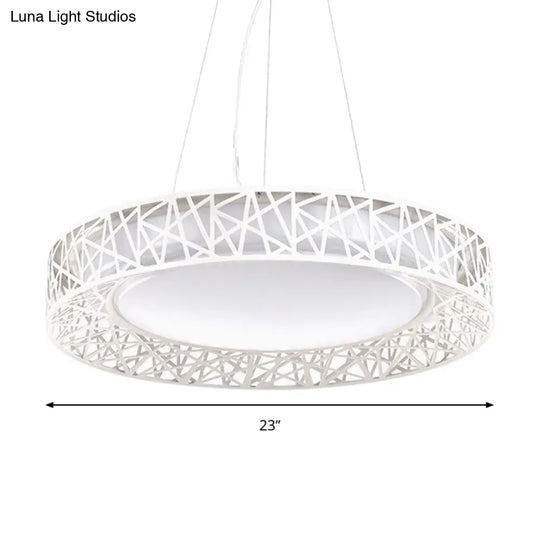 Nordic Metal Led Drum Pendant Light With Hollow Design 12’/15’/19’ Wide In White/Warm/Natural