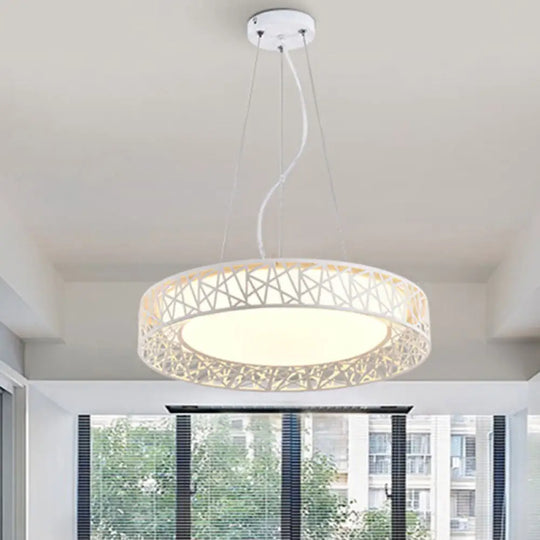 Nordic Metal Led Drum Pendant Light With Hollow Design 12’/15’/19’ Wide In White/Warm/Natural