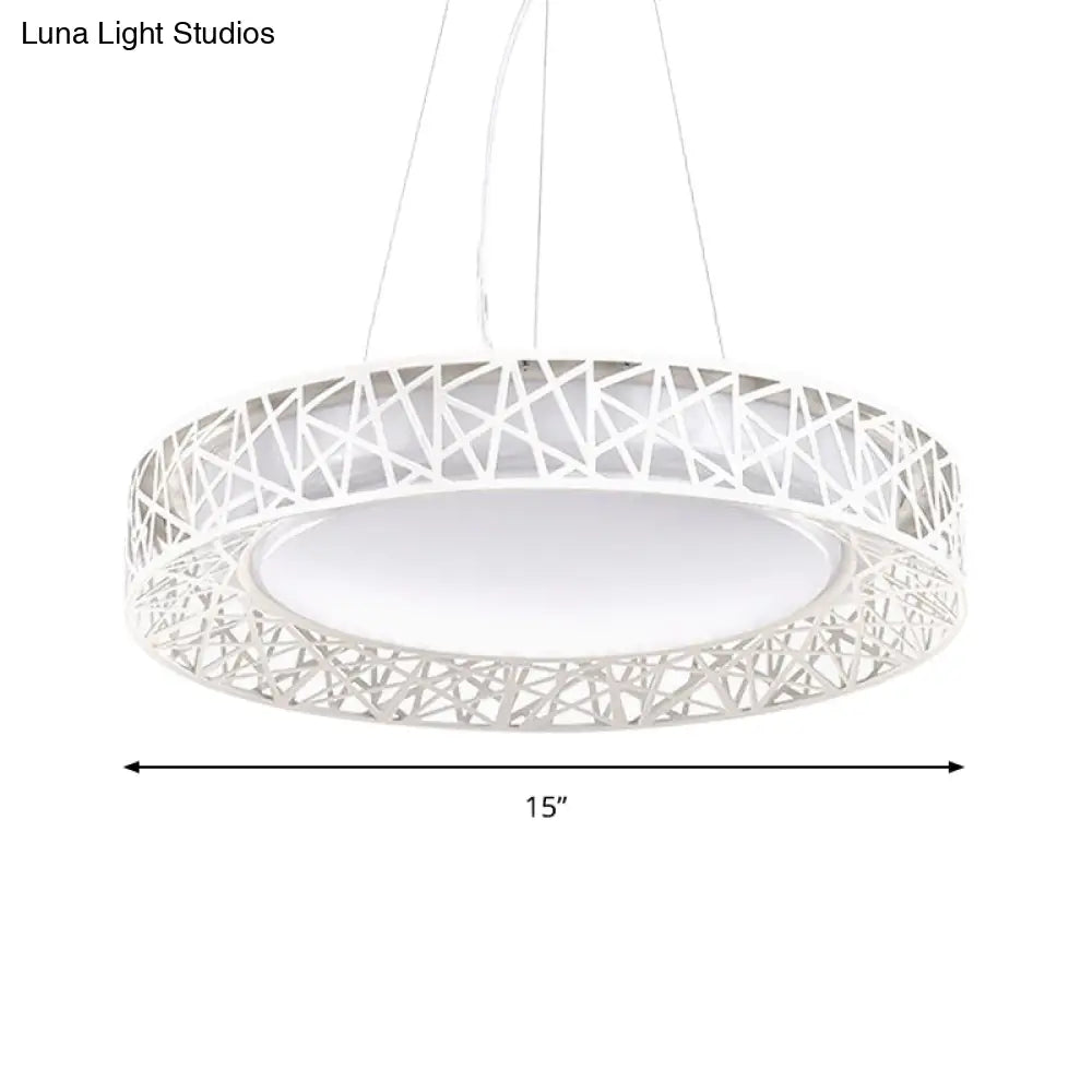 Nordic Metal Led Drum Pendant Light With Hollow Design 12’/15’/19’ Wide In White/Warm/Natural