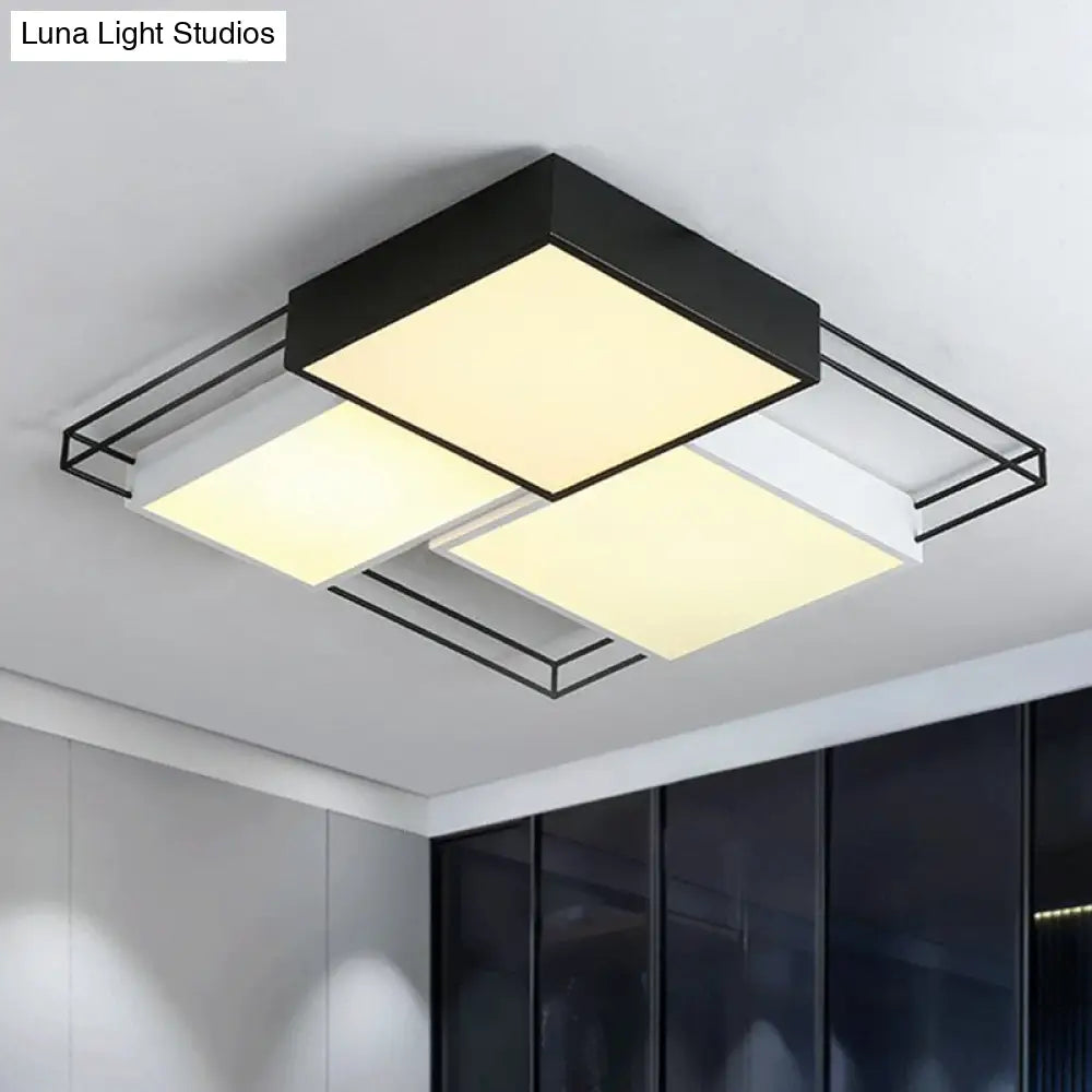 Nordic Metal Led Flush Ceiling Light Fixture With Black And White Square Splicing Design