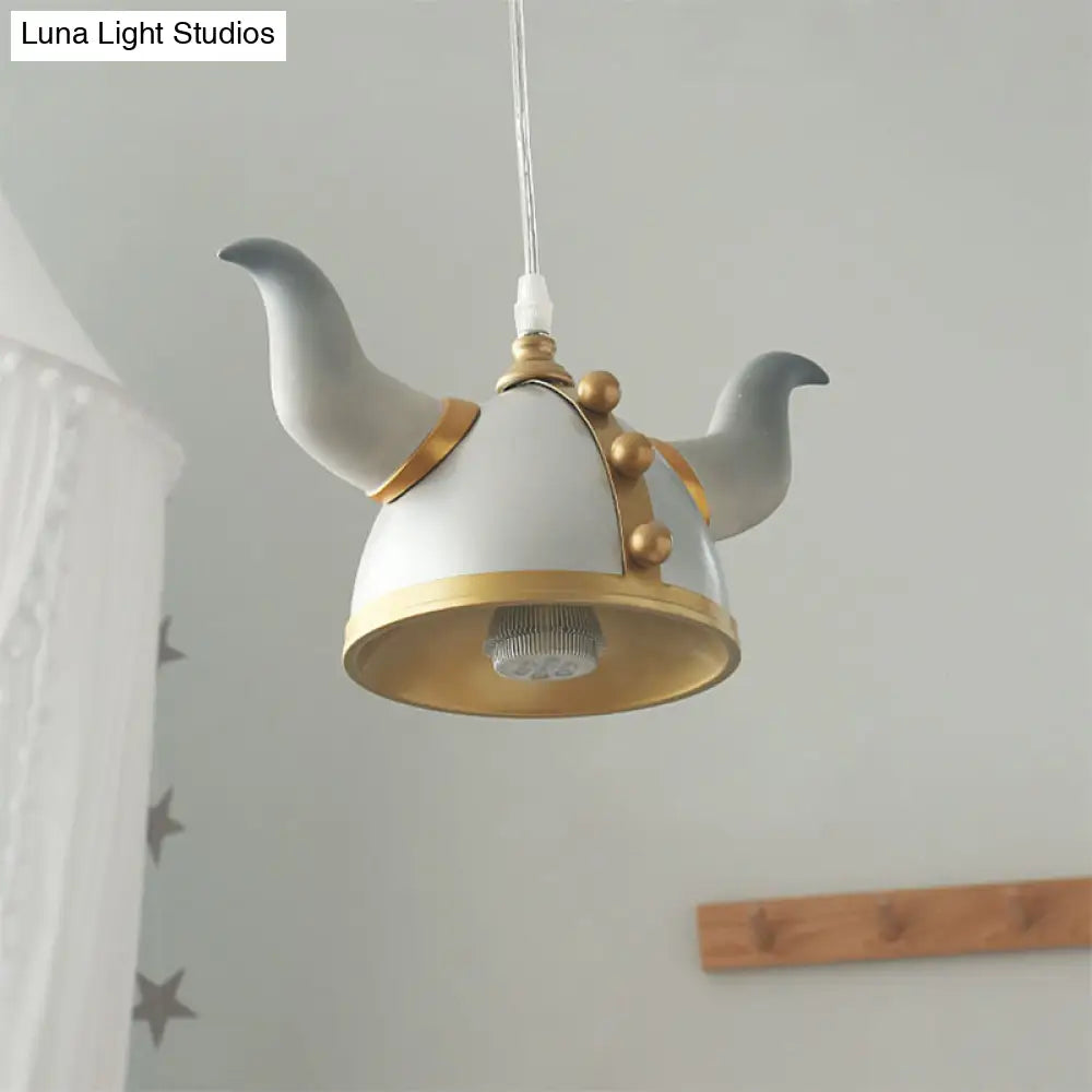 Nordic Metal Pendant Lamp - Ox Horn Helmet Hanging Light Fixture Single Bulb Gray Finish Perfect For