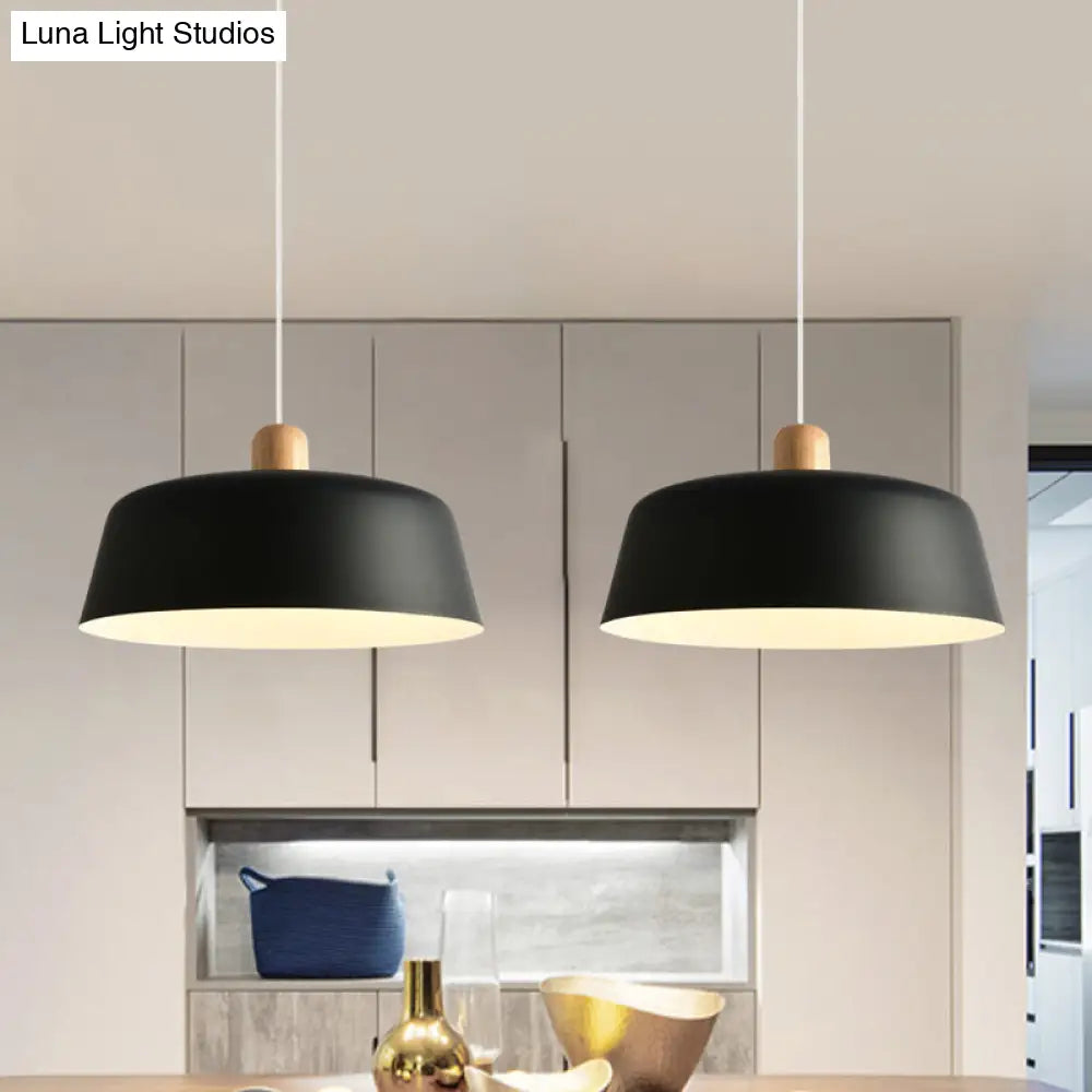 Nordic Metal Pendant Lamp With Wood Top And 1 Light - Flat-Bowl Shape In Black White