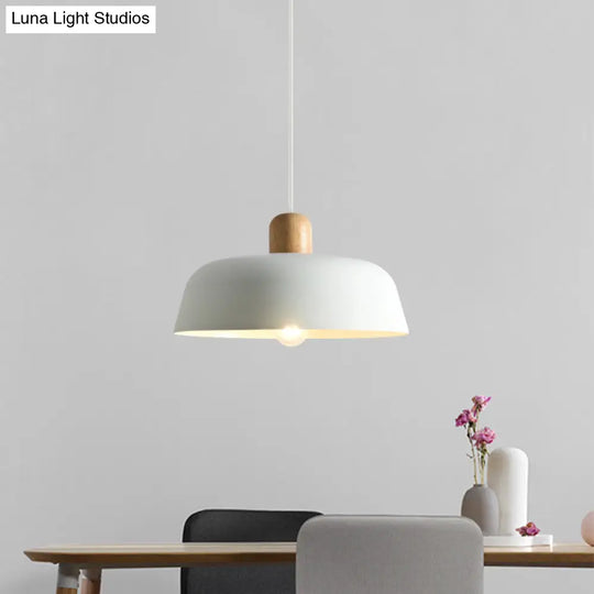 Nordic Metal Pendant Lamp With Wood Top And 1 Light - Flat-Bowl Shape In Black White