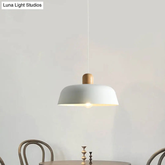 Nordic Metal Pendant Lamp With Wood Top And 1 Light - Flat-Bowl Shape In Black White