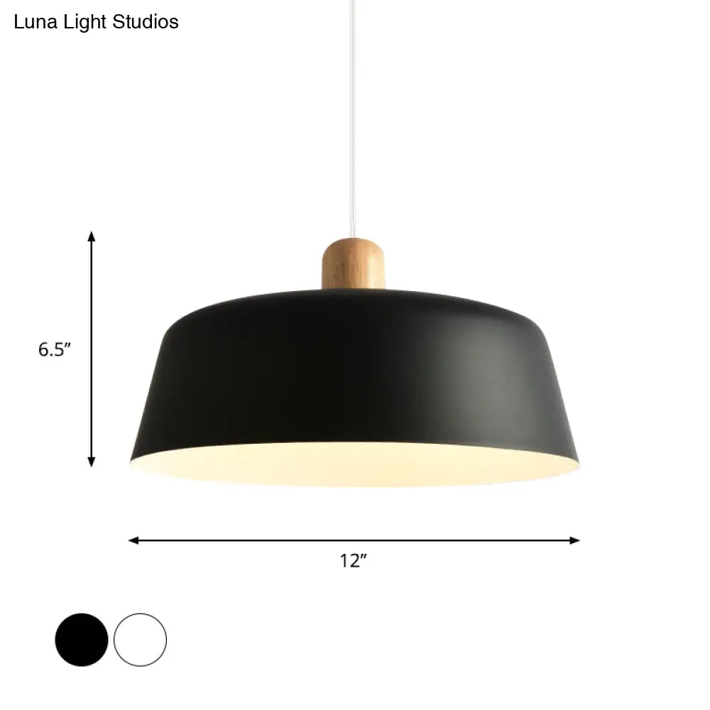 Nordic Metal Pendant Lamp With Wood Top And 1 Light - Flat-Bowl Shape In Black White