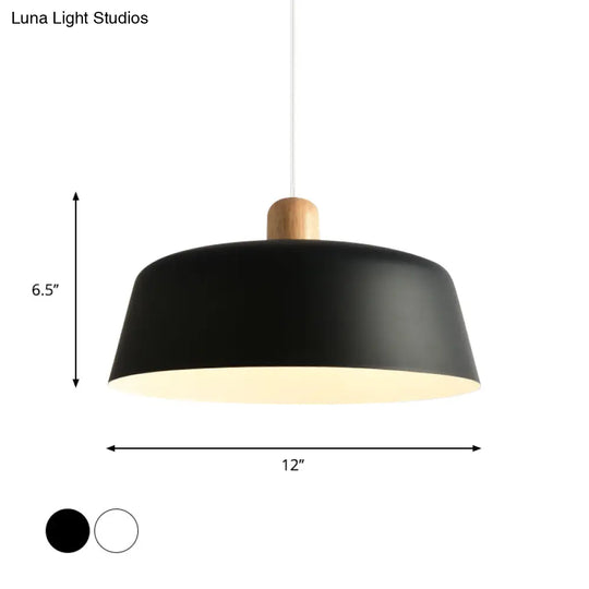 Nordic Metal Pendant Lamp With Wood Top And 1 Light - Flat-Bowl Shape In Black White