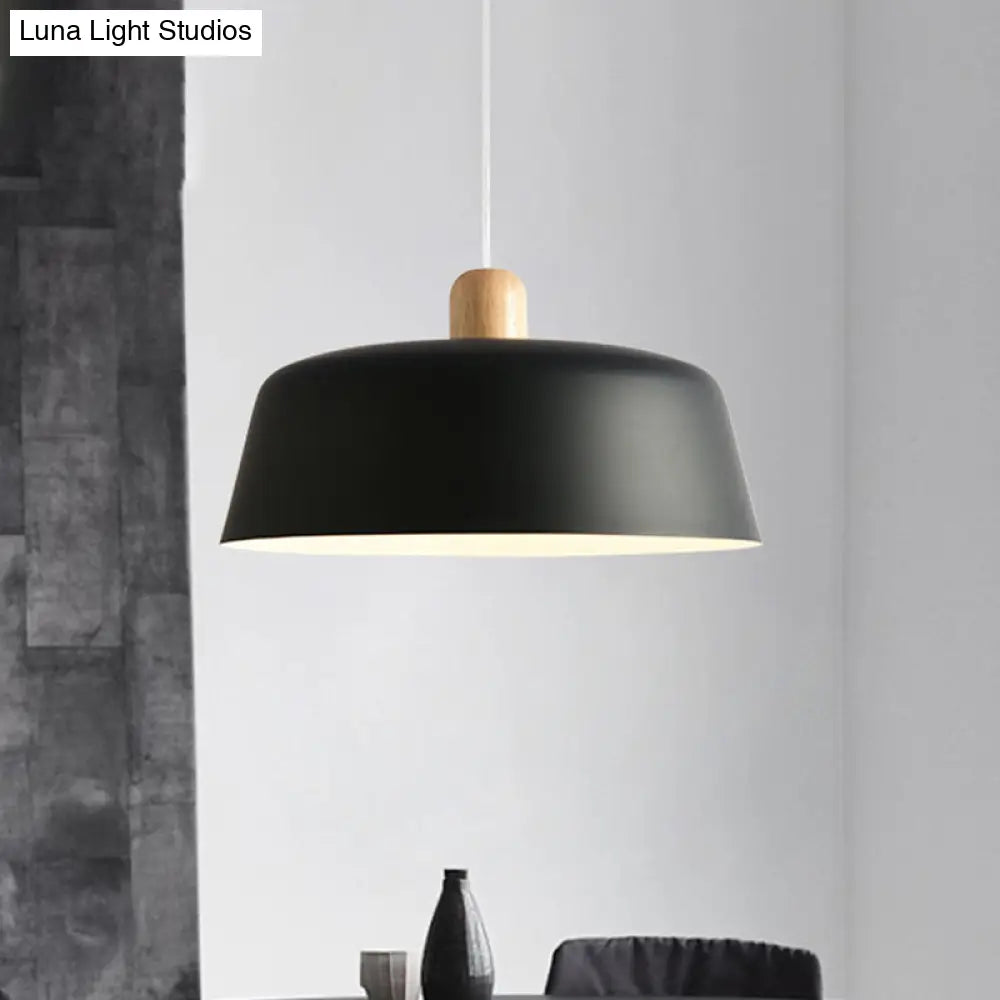 Nordic Metal Pendant Lamp With Wood Top And 1 Light - Flat-Bowl Shape In Black White