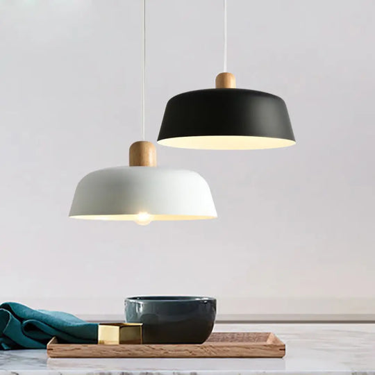 Nordic Metal Pendant Lamp With Wood Top And 1 Light - Flat-Bowl Shape In Black White