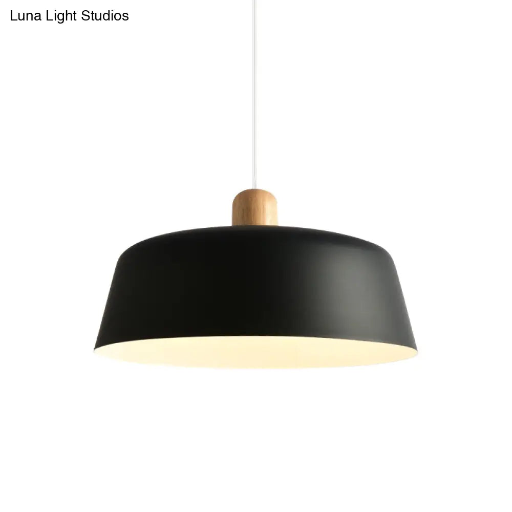 Nordic Metal Pendant Lamp With Wood Top And 1 Light - Flat-Bowl Shape In Black White