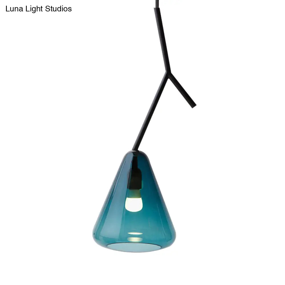 Nordic Metal Pendant Light With Down Lighting & Conical Blue/Black/White Glass Shade