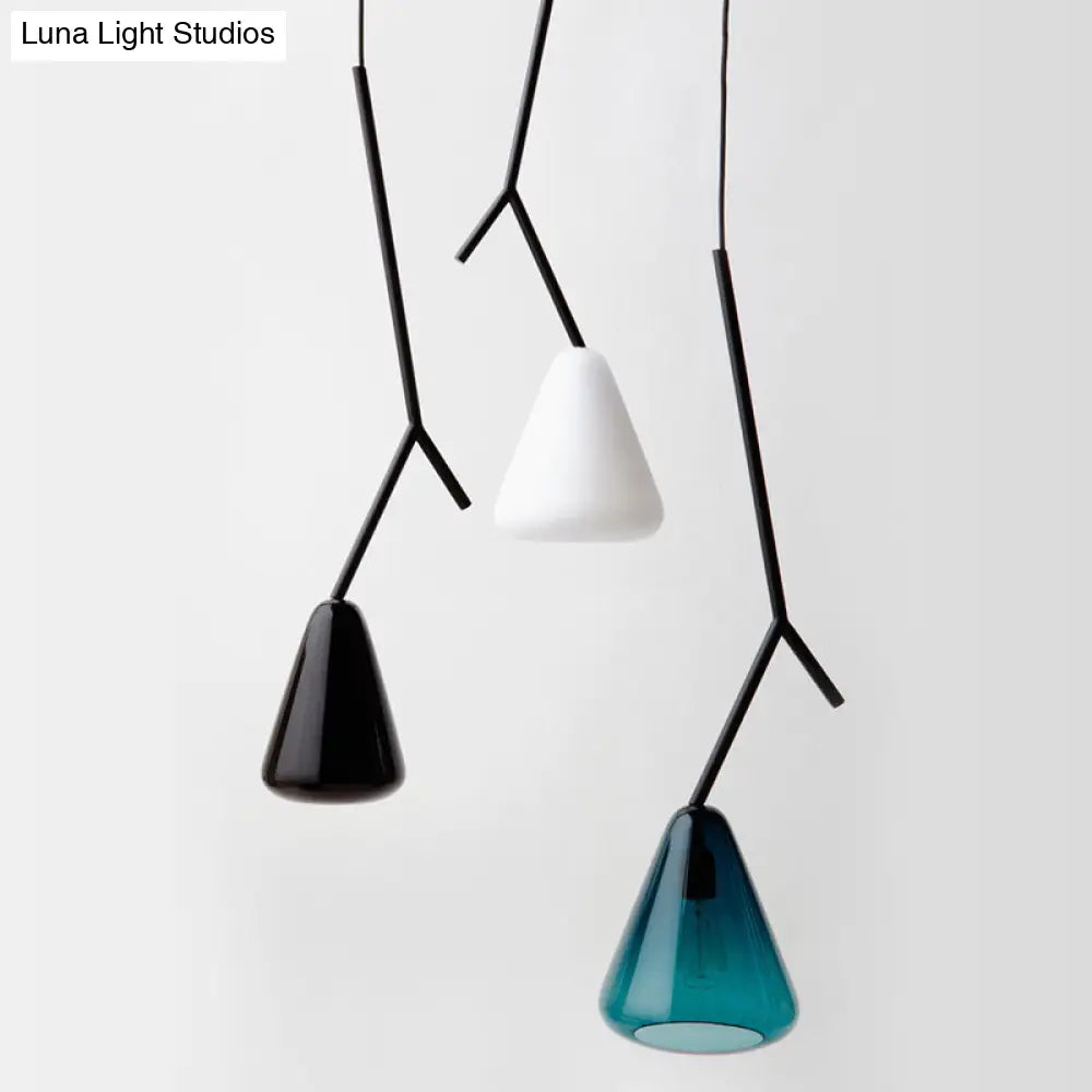 Nordic Metal Pendant Light With Down Lighting & Conical Blue/Black/White Glass Shade