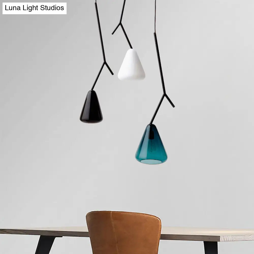 Nordic Metal Pendant Light With Down Lighting & Conical Blue/Black/White Glass Shade