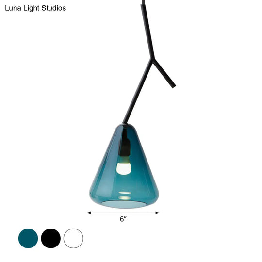 Nordic Metal Pendant Light With Down Lighting & Conical Blue/Black/White Glass Shade