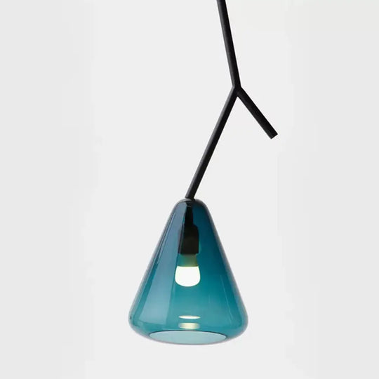 Nordic Metal Pendant Light With Down Lighting & Conical Blue/Black/White Glass Shade Blue