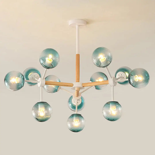 Nordic Metal Pendant Light With Glass Shade - Wood Molecule Chandelier 12 / Blue